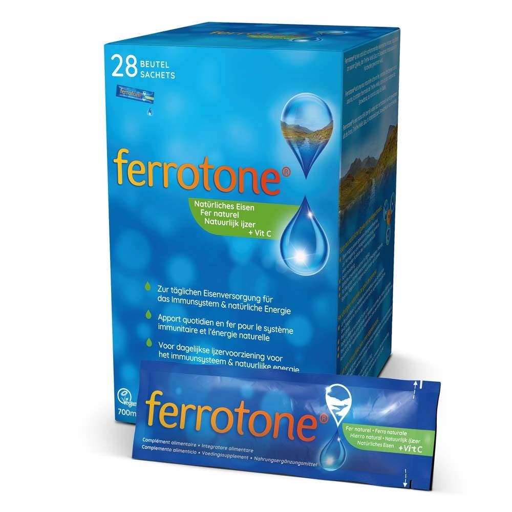 Boîte bleue et blanche avec 28 sachets. Inscription : ferrotone® Fer naturel. Contient de la vitamine C. Image du produit.