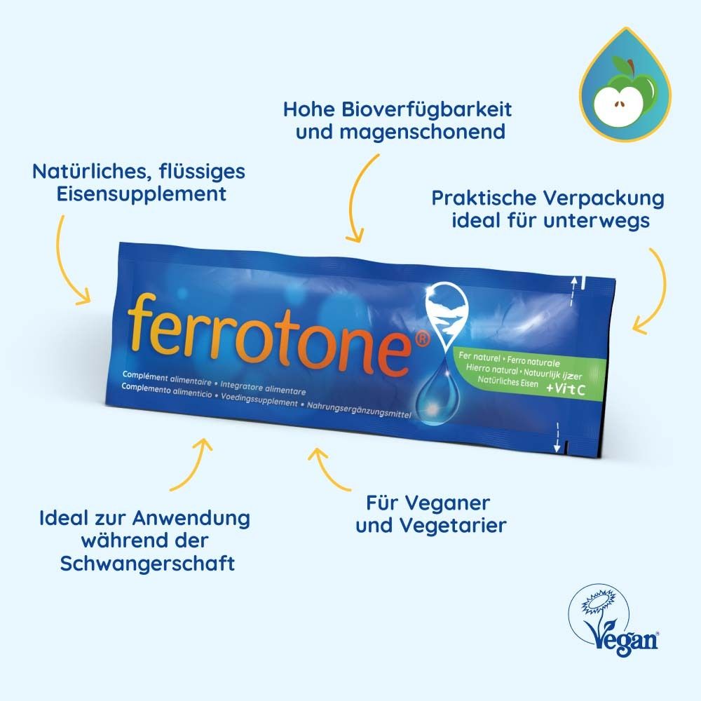 Emballage individuel bleu ferrotone® avec texte et flèches. Inscription : Supplément de fer liquide. Pour végétaliens et femmes enceintes.