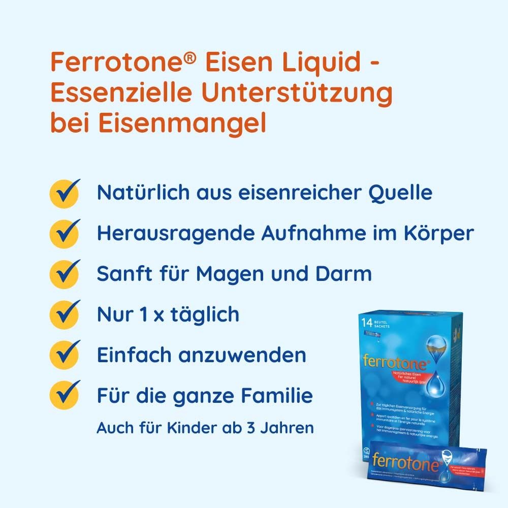 Texte : ferrotone® Fer liquide - Soutien en cas de carence en fer. Six avantages avec des coches. Image du produit.