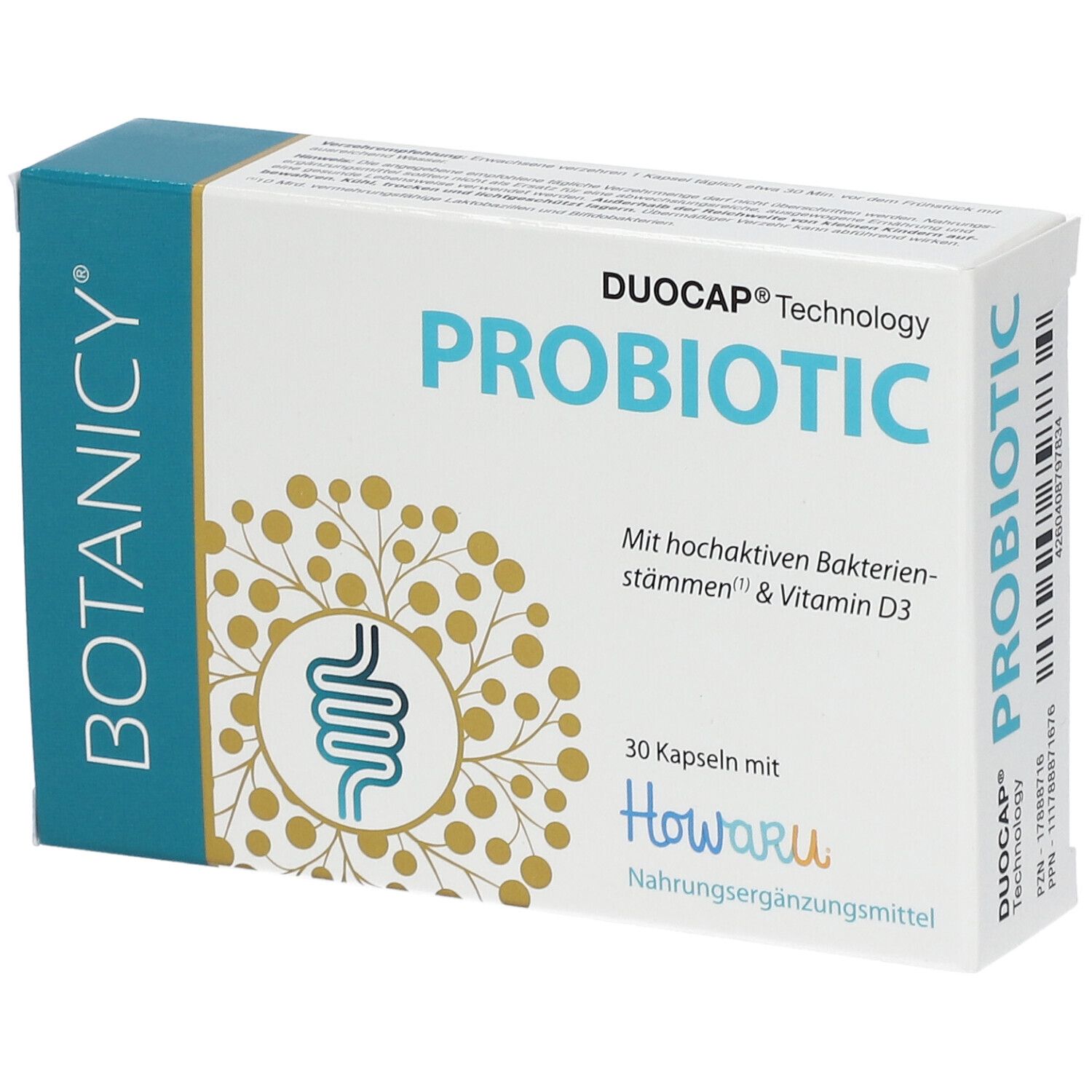 Boîte blanche avec inscription « PROBIOTIC ». Contient 30 gélules. Marque : Botanicy. Avec logo Howaru.