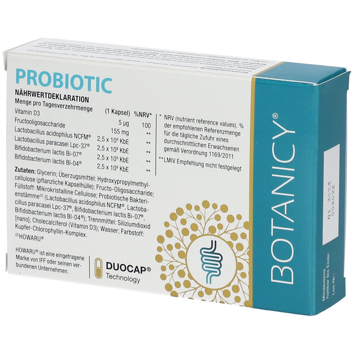 Dos de la boîte avec déclaration nutritionnelle. Contient vitamine D3, fructooligosaccharides et souches bactériennes.