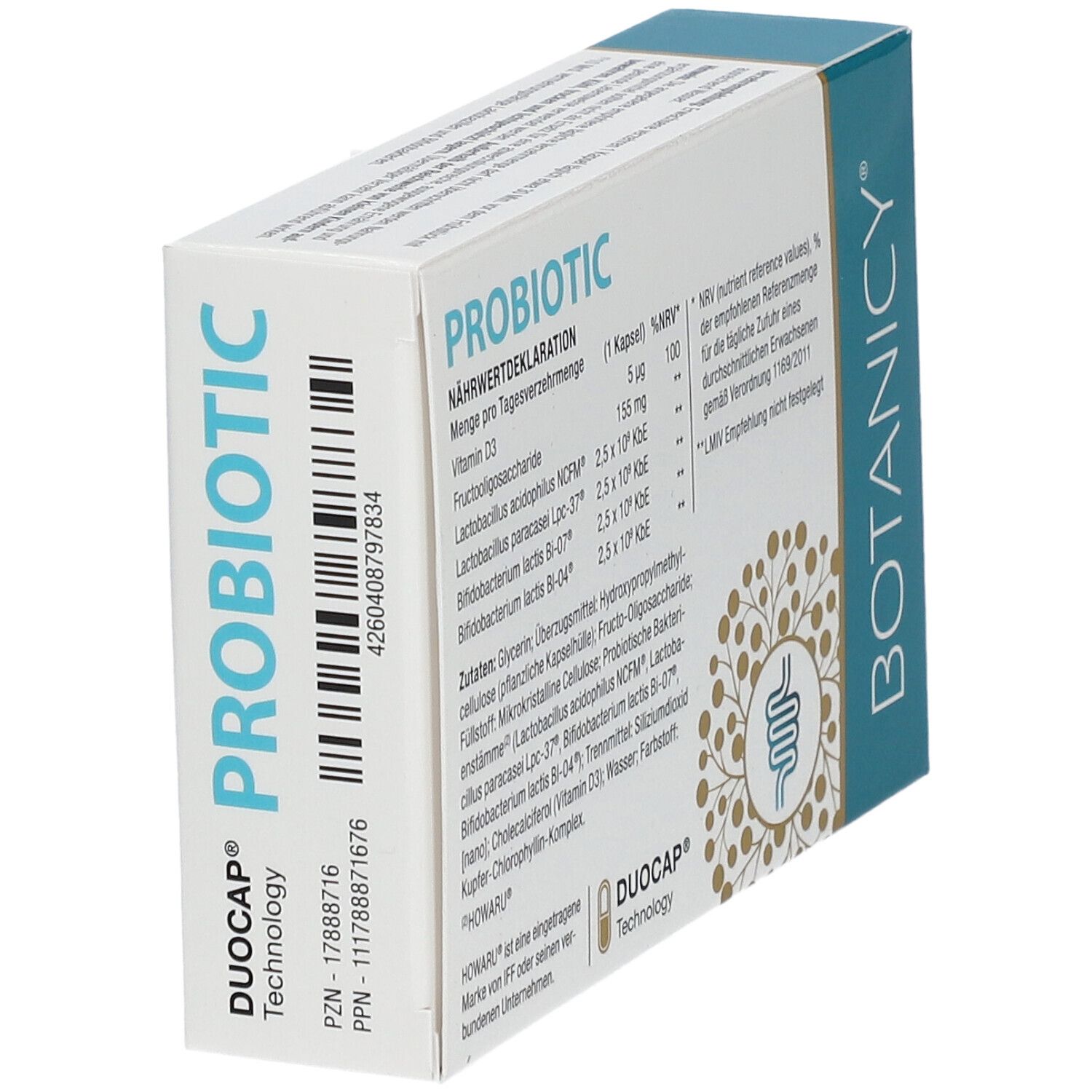 Boîte de Botanicy. Sur le côté : déclaration nutritionnelle et informations sur le produit.