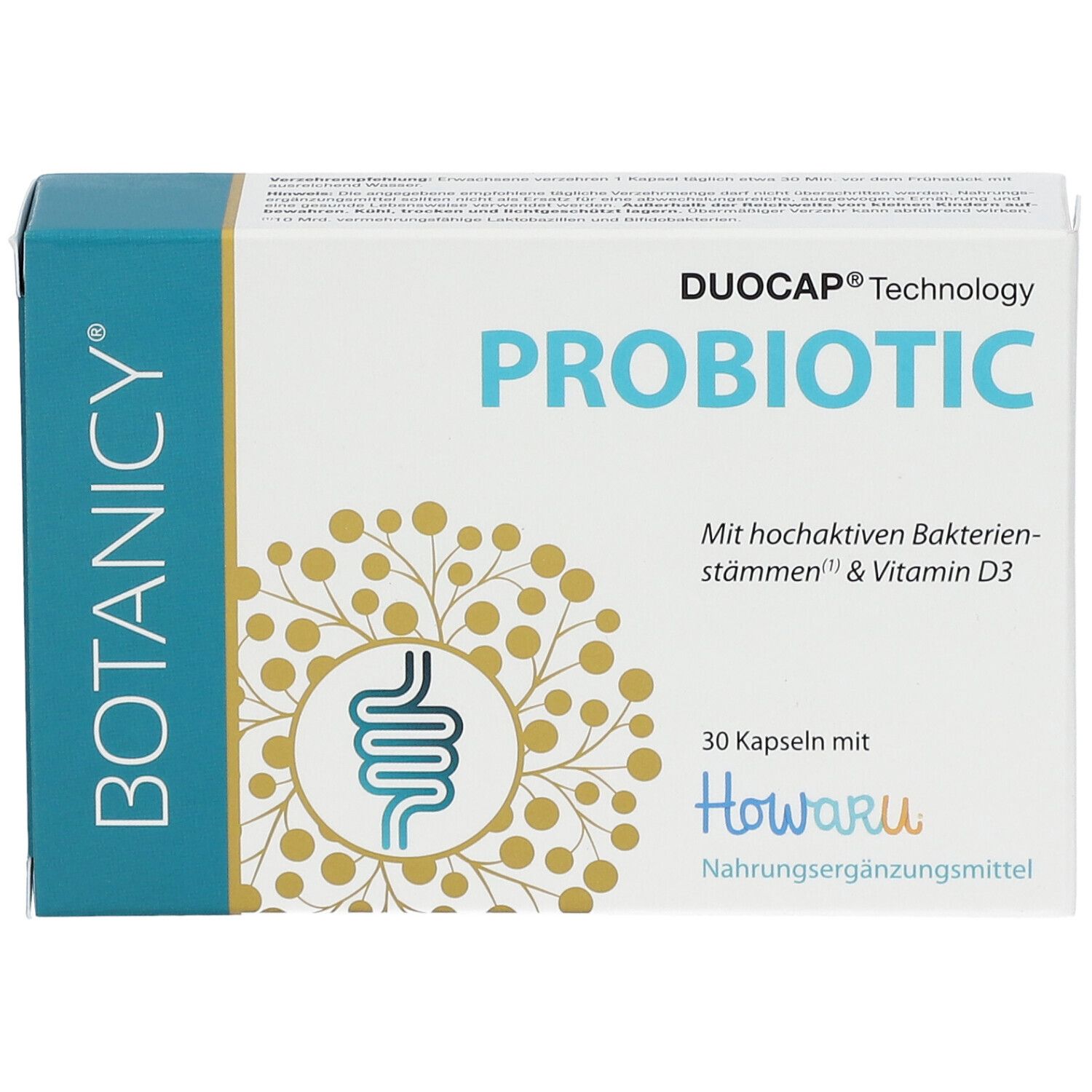 Boîte blanche avec inscription « PROBIOTIC ». Contient 30 gélules. Marque : Botanicy. Avec logo Howaru.
