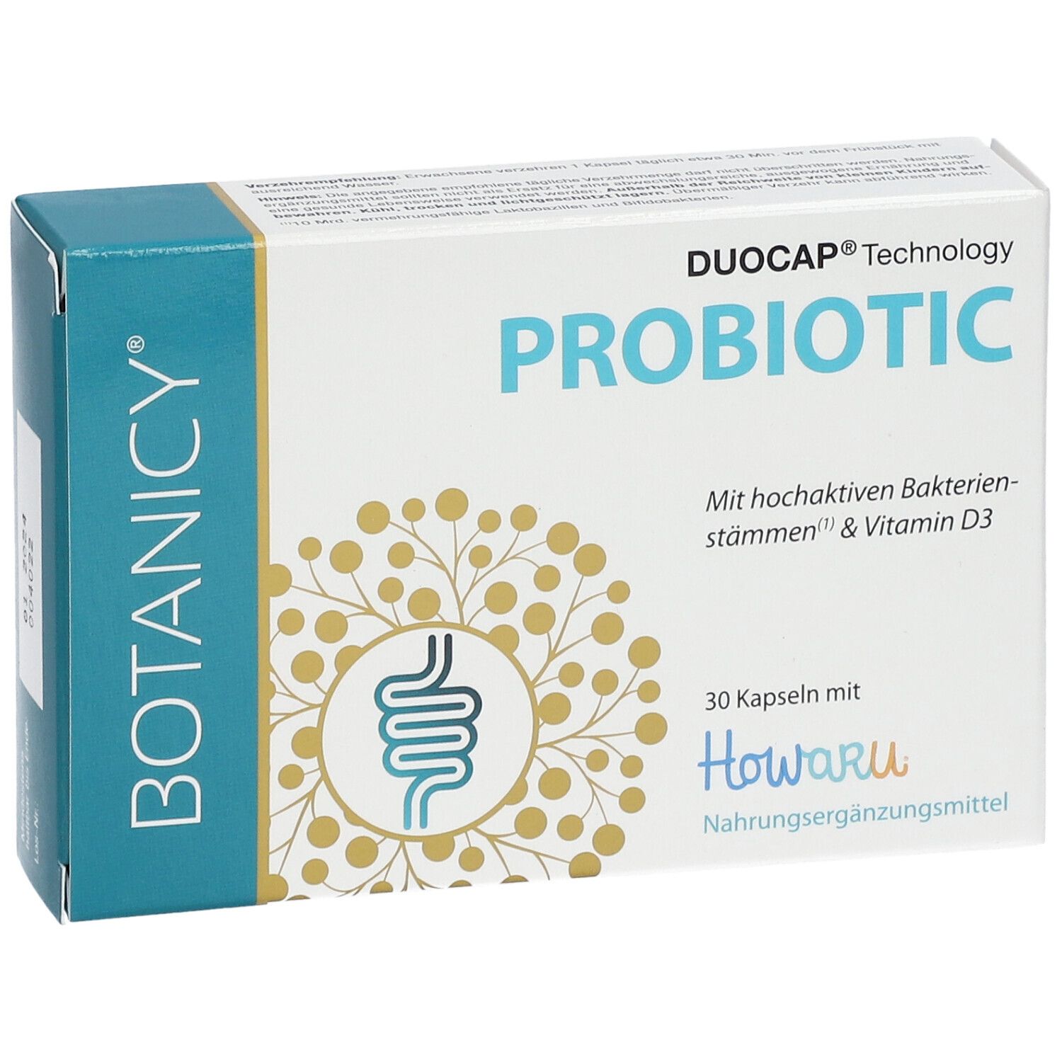 Boîte blanche avec inscription « PROBIOTIC ». Contient 30 gélules. Marque : Botanicy. Avec logo Howaru.