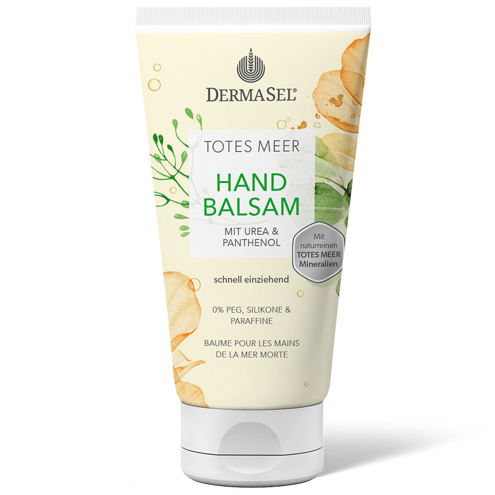 Tube de crème avec nom du produit et motif floral. Texte: Totes Meer Hand Balsam, avec Urée & Panthénol, absorption rapide.