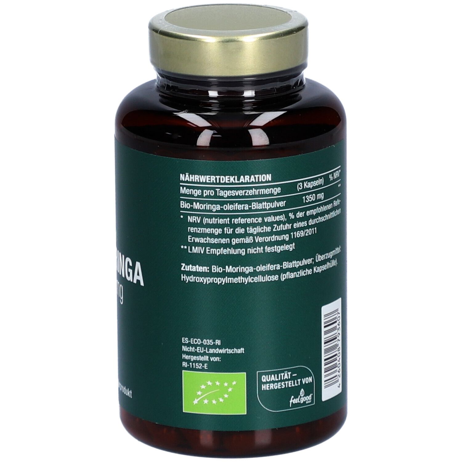 Braune Glasflasche mit grüner Etikette. Aufschrift: Vegan Bio Moringa 1350 mg. Goldfarbener Deckel.