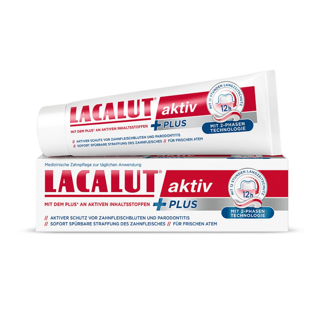 Zahnpasta-Tube und -Schachtel. Aufschrift LACALUT aktiv plus. Rote und weiße Farbgebung. 12h Langzeitschutz.