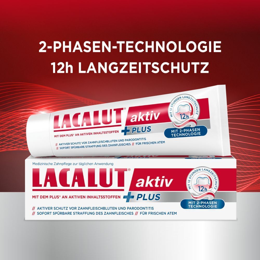 Zahnpasta-Tube und -Schachtel. Aufschrift LACALUT aktiv plus. 2-Phasen-Technologie. 12h Langzeitschutz.