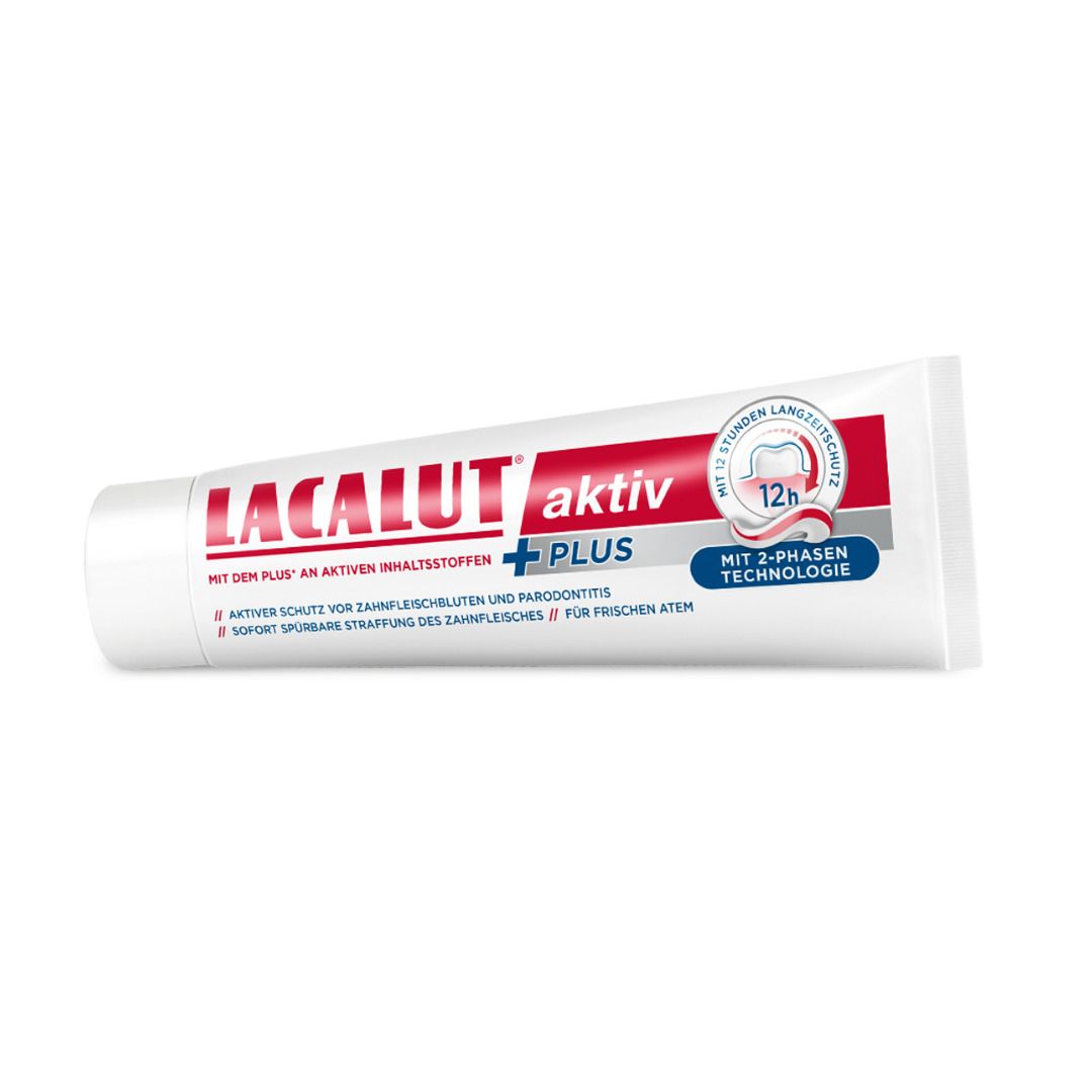 Zahnpasta-Tube. Aufschrift LACALUT aktiv plus. Rote und weiße Farbgebung. 12h Langzeitschutz.