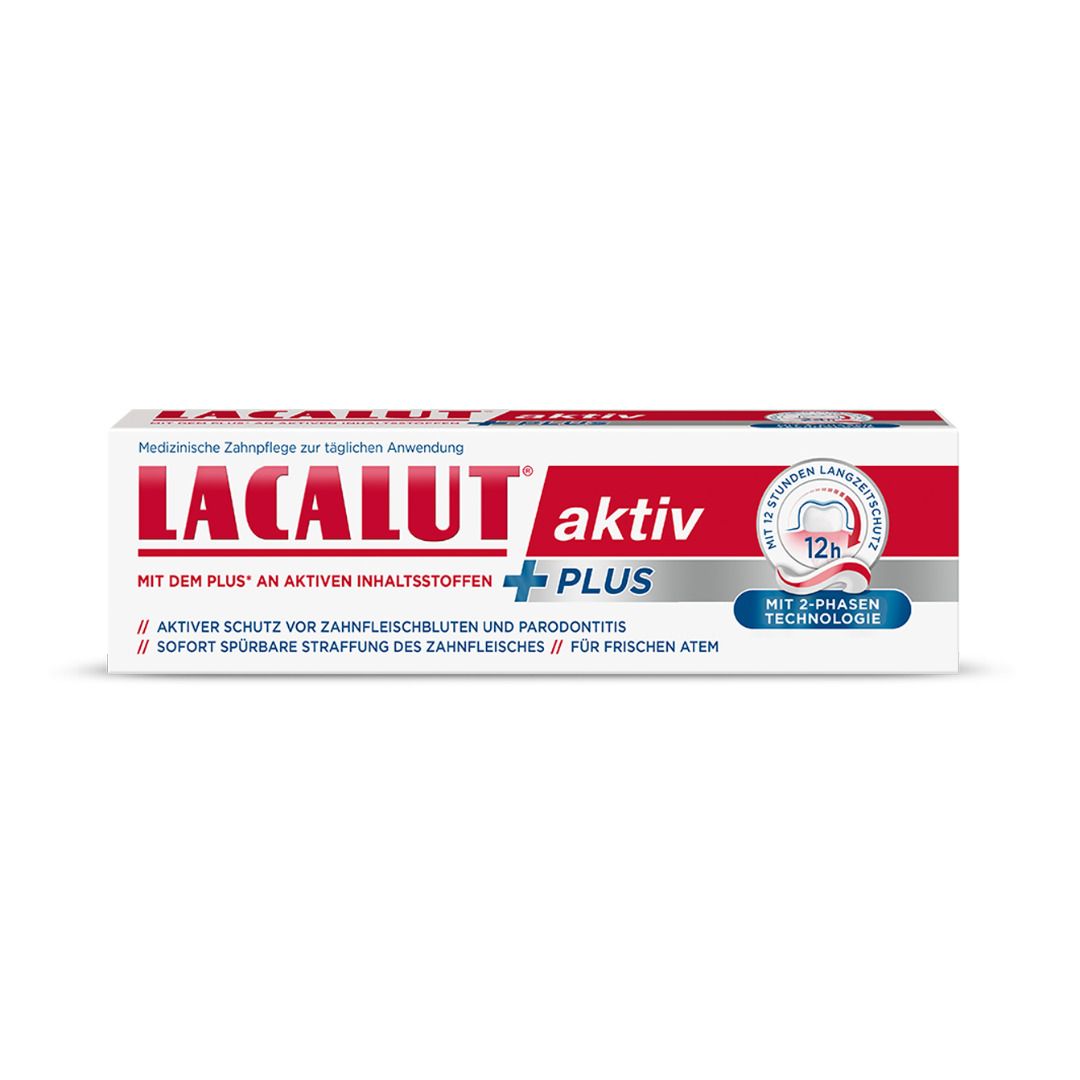 Zahnpasta-Schachtel. Aufschrift LACALUT aktiv plus. Rote und weiße Farbgebung. 12h Langzeitschutz.