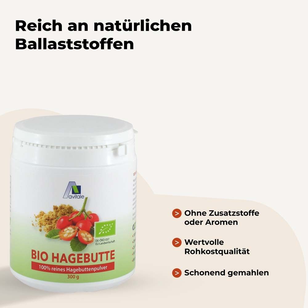Weißer Behälter mit Deckel. Aufschrift: BIO HAGEBUTTE, 100% reines Hagebuttenpulver. Text: Reich an natürlichen Ballaststoffen. Logos.