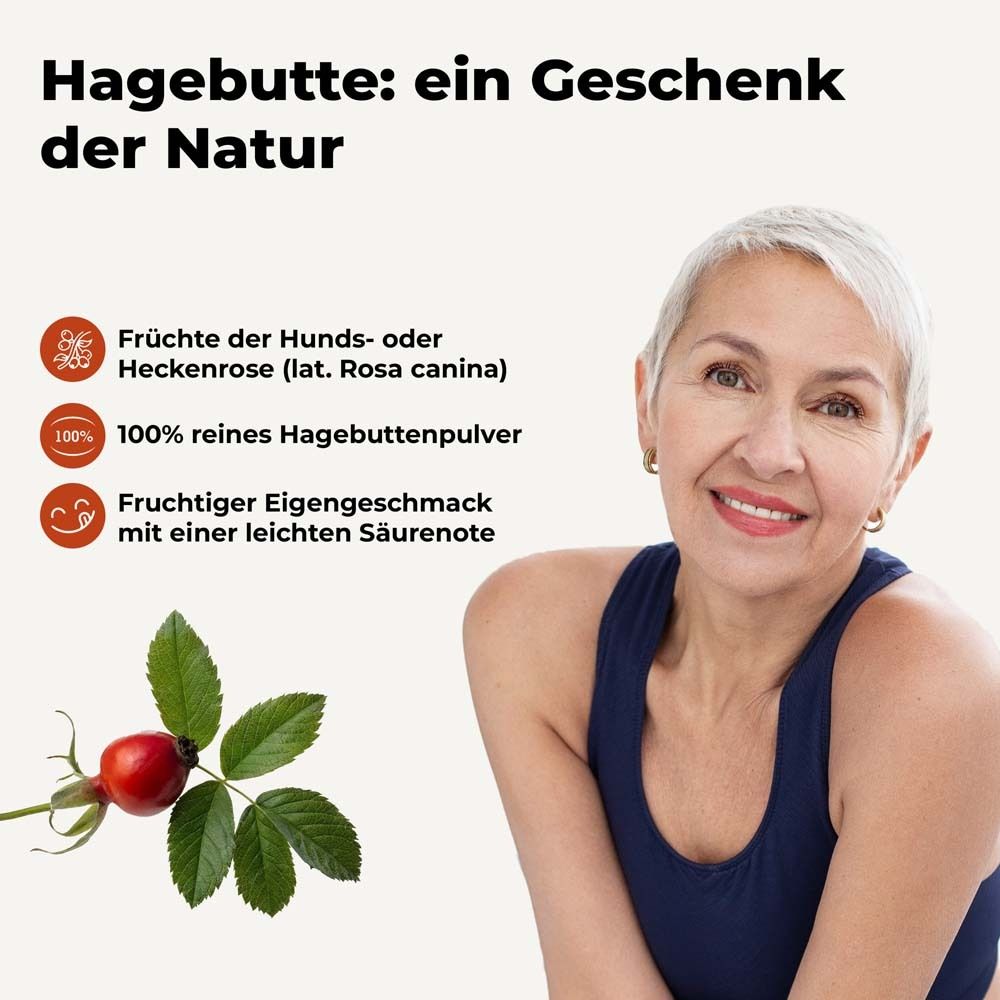 Ältere Frau in blauem Top. Text: Hagebutte: ein Geschenk der Natur. Logos: Hagebutten, 100% reines Hagebuttenpulver, fruchtiger Geschmack.
