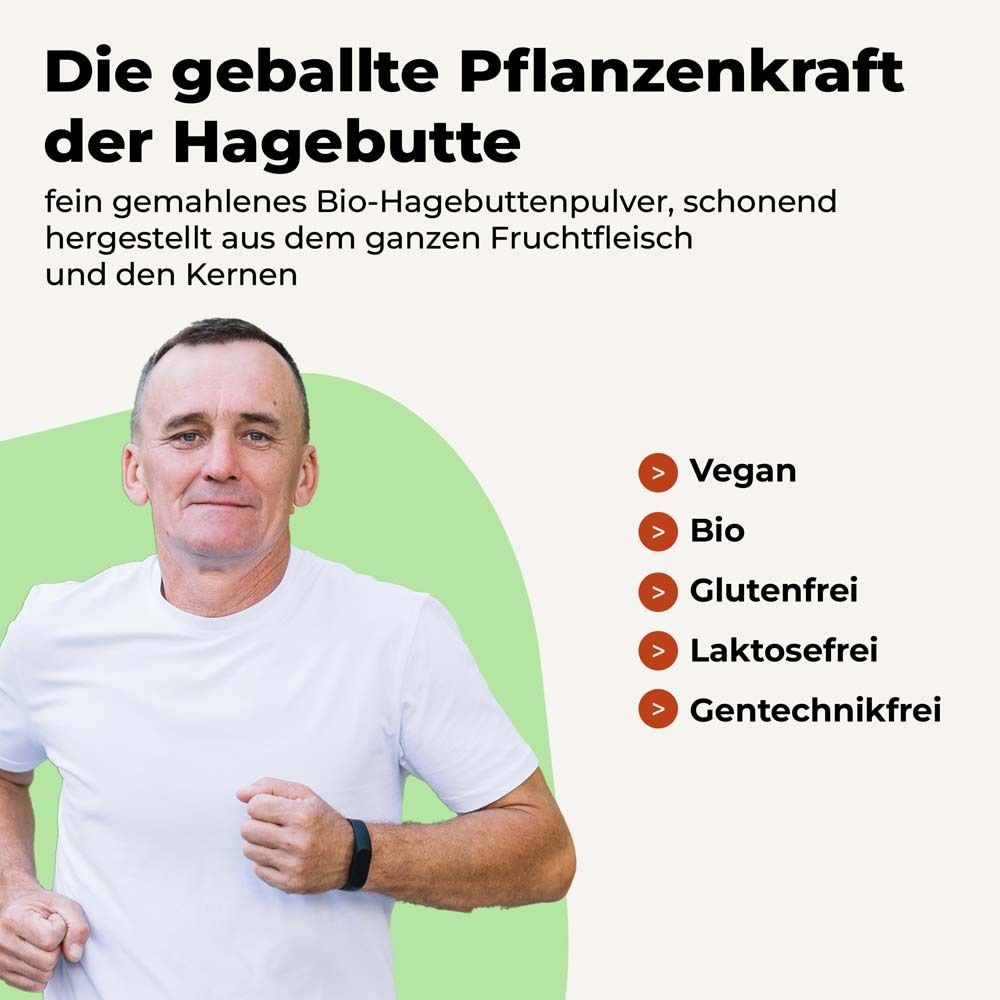 Mann in weißem T-Shirt. Text: Die geballte Pflanzenkraft der Hagebutte. Logos: Vegan, Bio, Glutenfrei, Laktosefrei, Gentechnikfrei.
