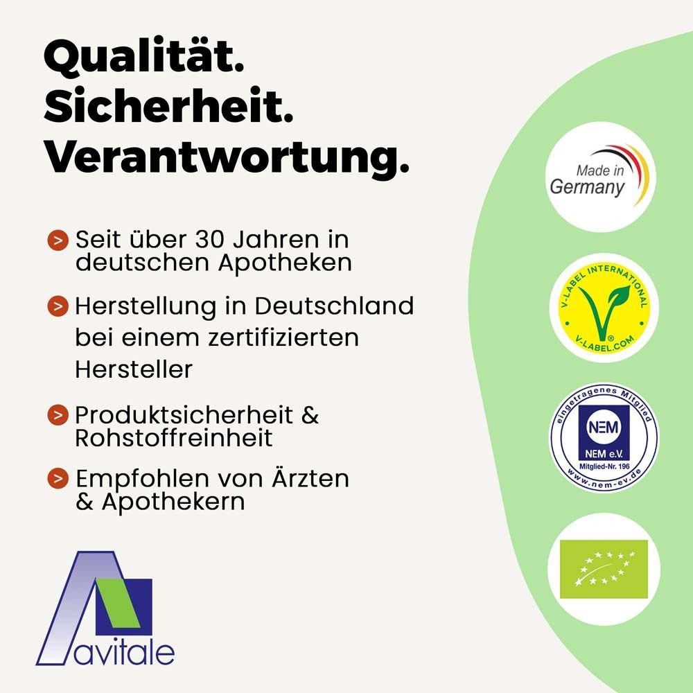 Text: Qualität. Sicherheit. Verantwortung. Logos: Made in Germany, V-Label, NEM, Bio-Siegel. Empfohlen von Ärzten & Apothekern.