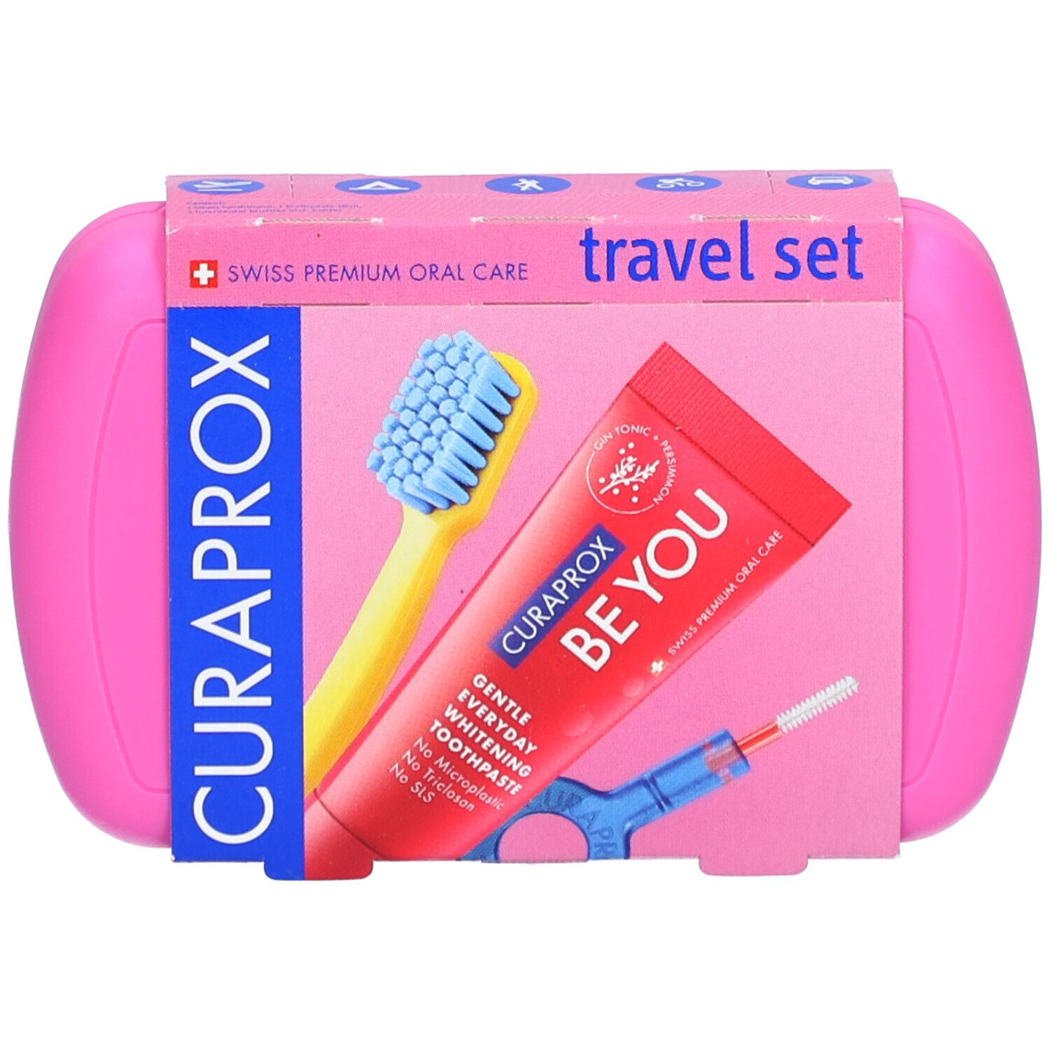 Rosa CURAPROX Travel Set. Enthält Zahnbürste, Zahnpasta und Interdentalbürste. Verpackt in rosa Etui.