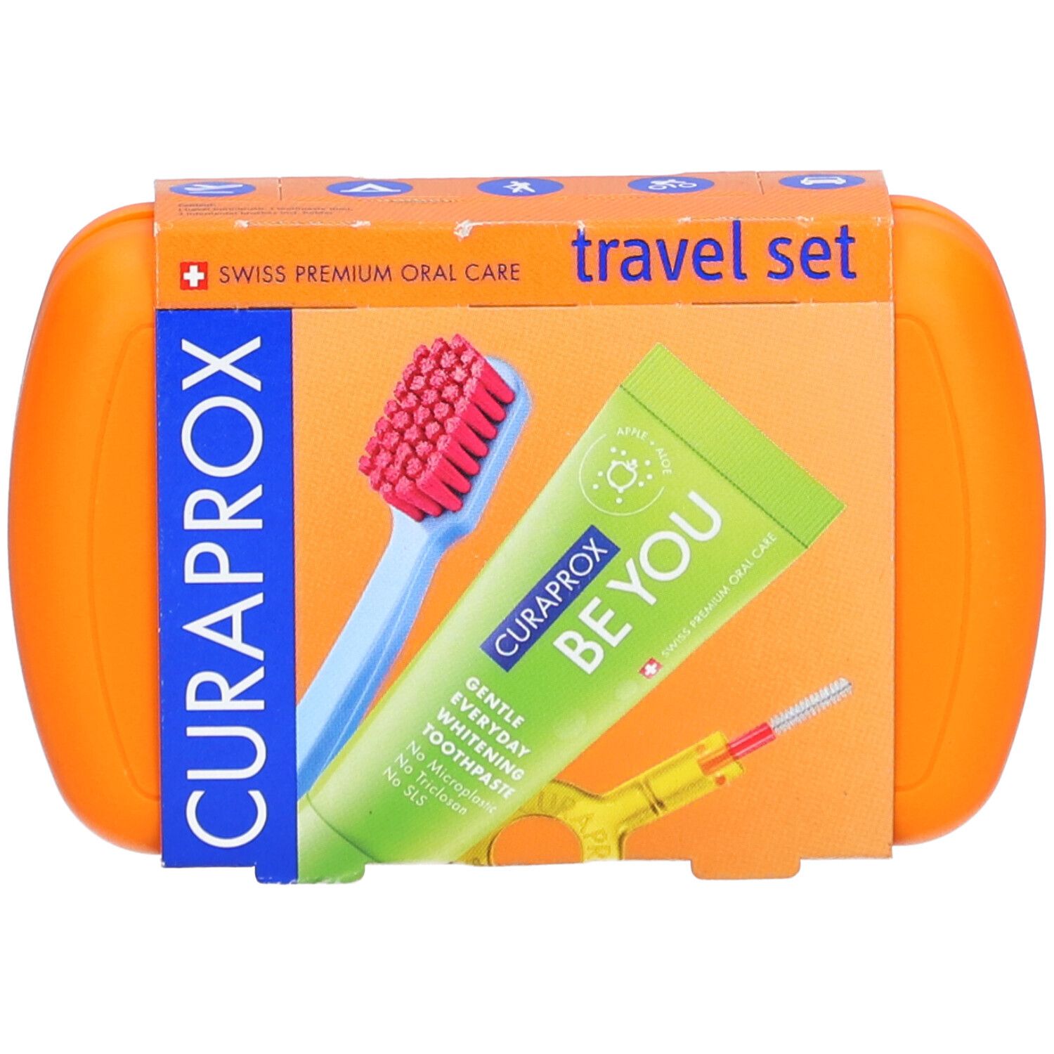 Orangefarbenes Reise-Set mit Zahnbürste, Zahnpasta und Interdentalbürsten. Enthält CURAPROX-Produkte.