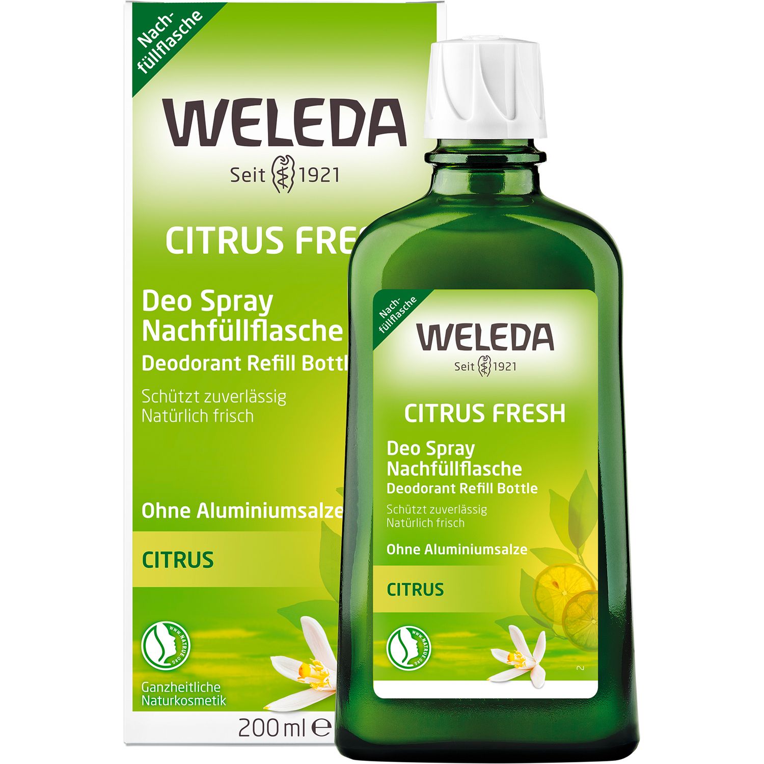 Grüne Flasche mit weißem Deckel. Aufschrift: WELEDA, Citrus Fresh, Deo Spray, Nachfüllflasche. Ohne Aluminiumsalze.