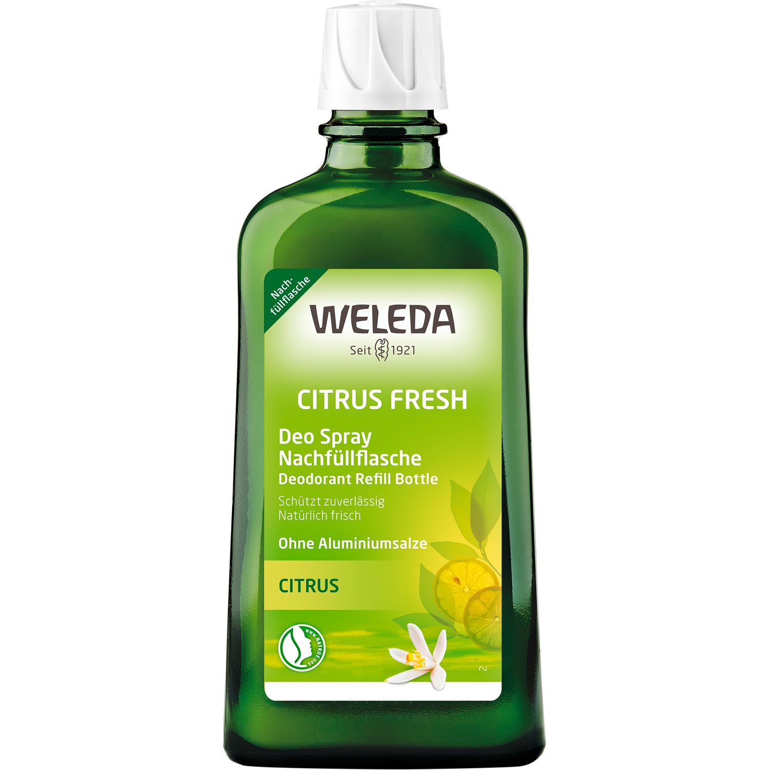 Grüne Flasche mit weißem Deckel. Aufschrift: WELEDA, Citrus Fresh, Deo Spray, Nachfüllflasche. Ohne Aluminiumsalze.