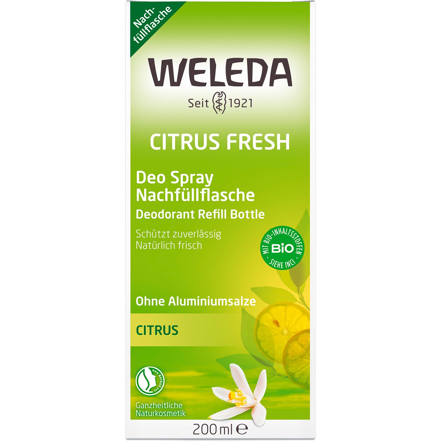 Weiße Verpackung mit grünen Akzenten. Aufschrift: WELEDA, Citrus Fresh, Deo Spray, Nachfüllflasche. Ohne Aluminiumsalze.