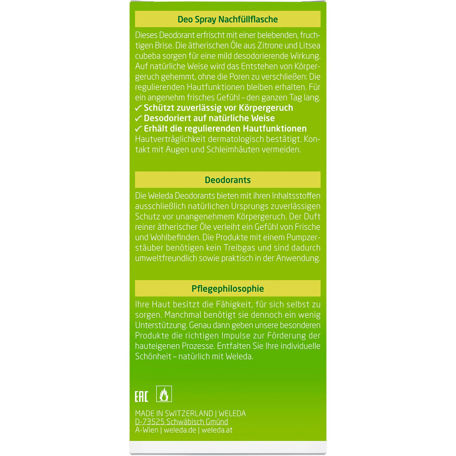 Text auf grünem Hintergrund. Informationen über das Produkt und seine Eigenschaften.