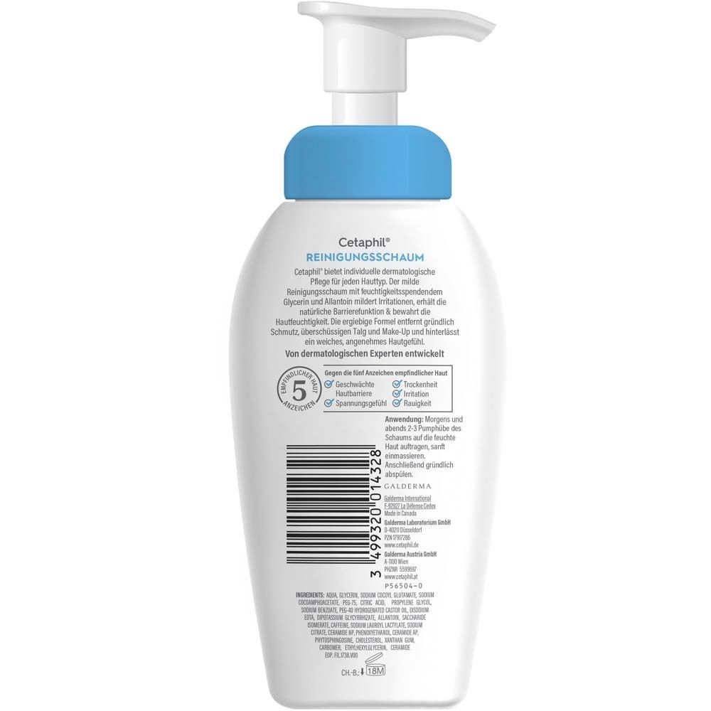Dos du flacon de mousse nettoyante Cetaphil. Ingrédients, instructions d'utilisation et informations du fabricant.