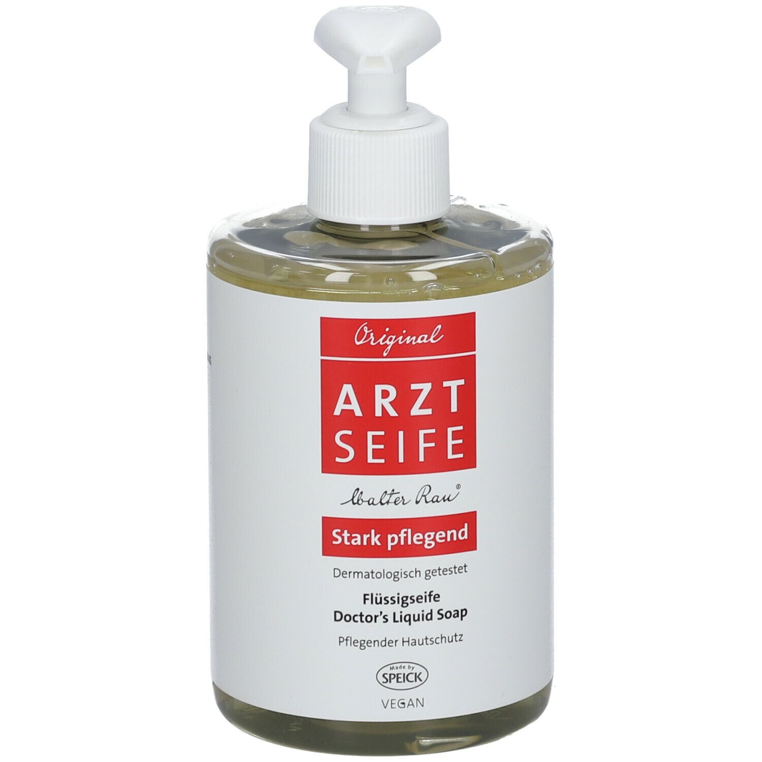 Distributeur de savon liquide transparent. Tête de pompe blanche. Étiquette rouge avec texte 'Arztseife'.