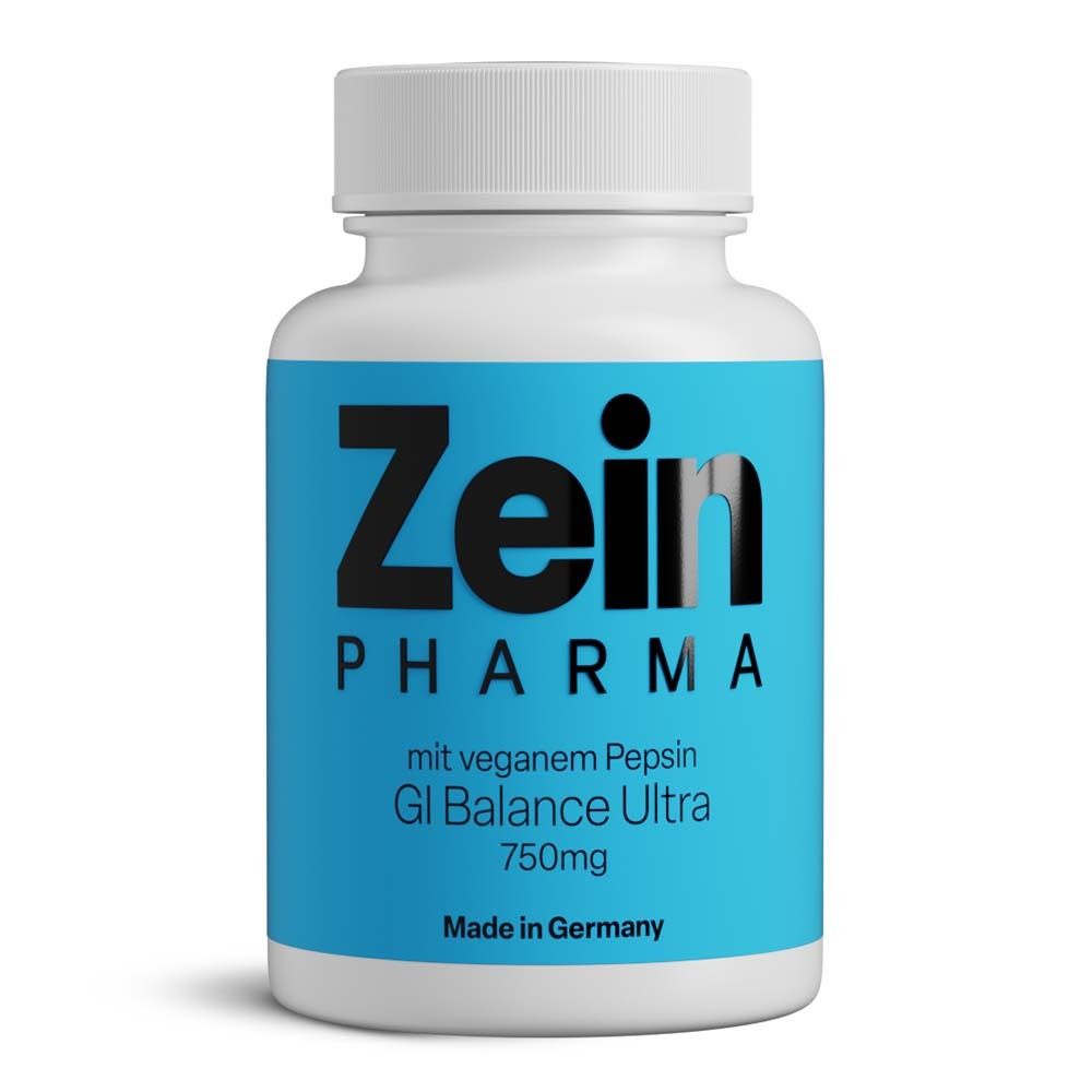 Flacon blanc avec étiquette bleue. Zein Pharma, GI Balance Ultra 750mg. Fabriqué en Allemagne.