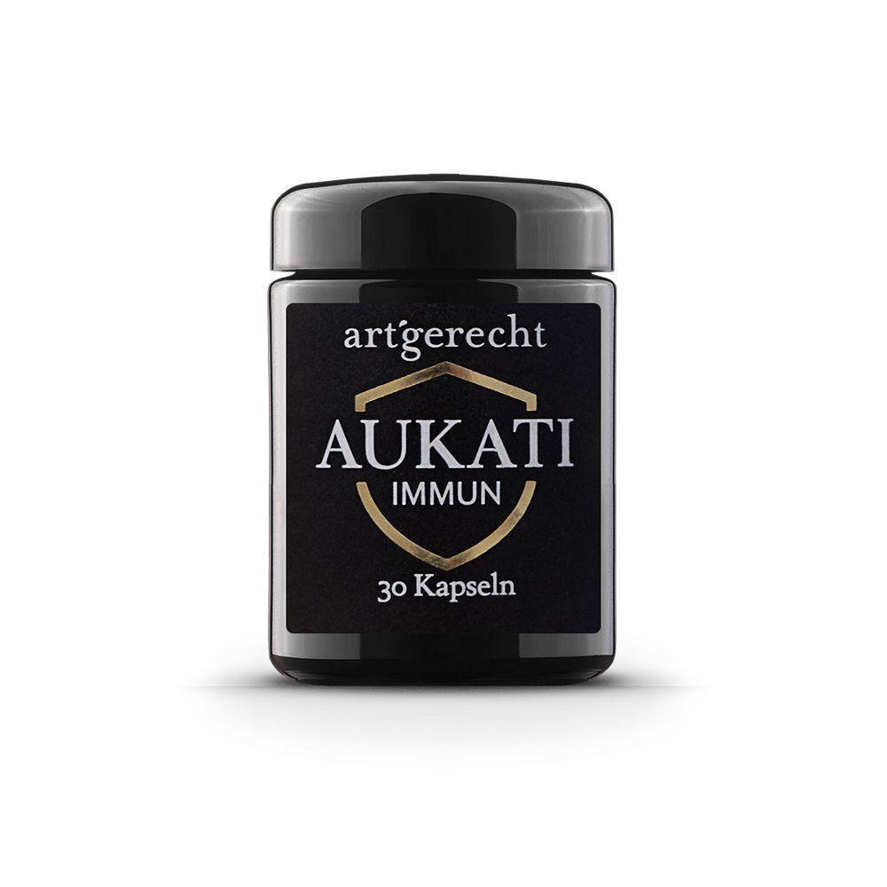 Schwarze Dose mit Aufschrift art'gerecht AUKATI IMMUN, 30 Kapseln. Schwarzer Deckel.