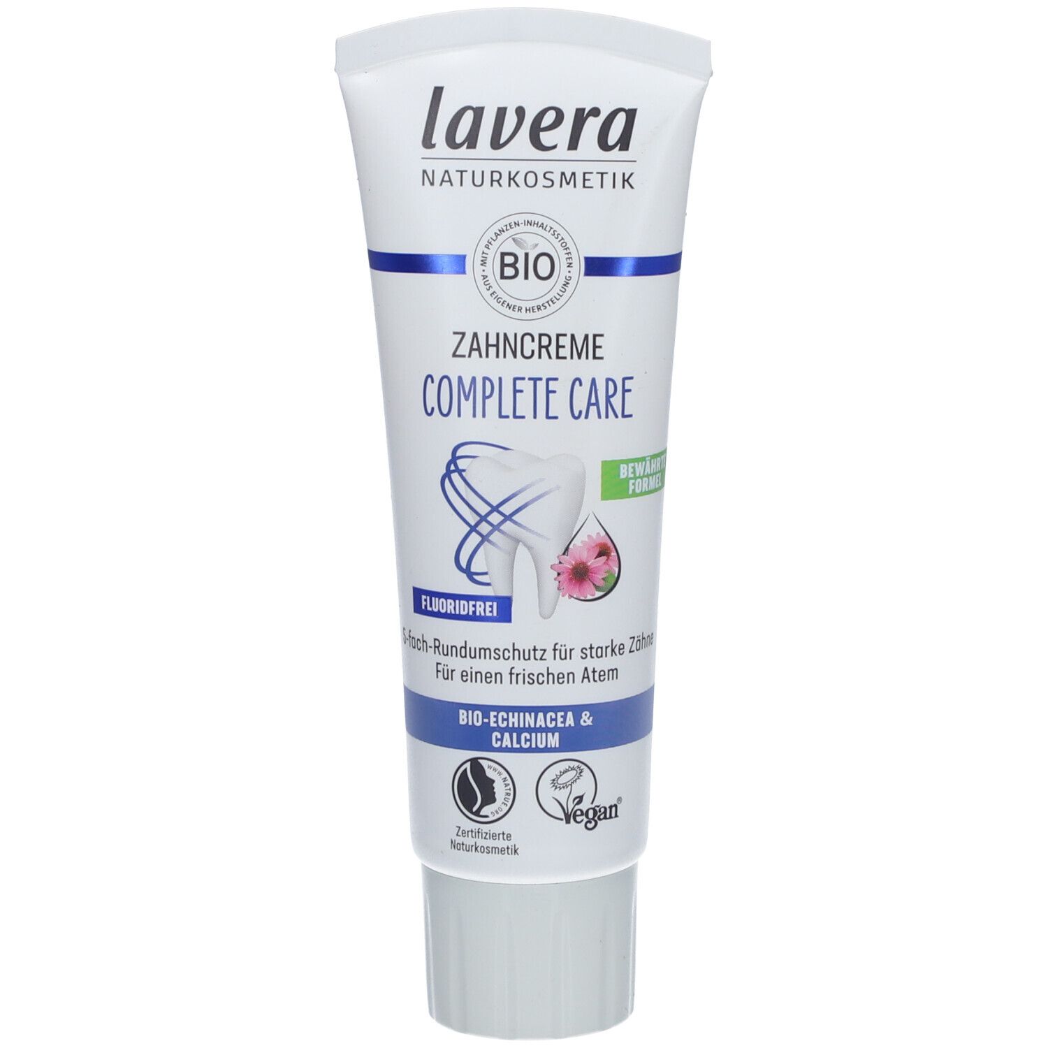Tube de dentifrice blanche avec texte bleu et vert. Contient BIO-Echinacea & Calcium. Vegan.