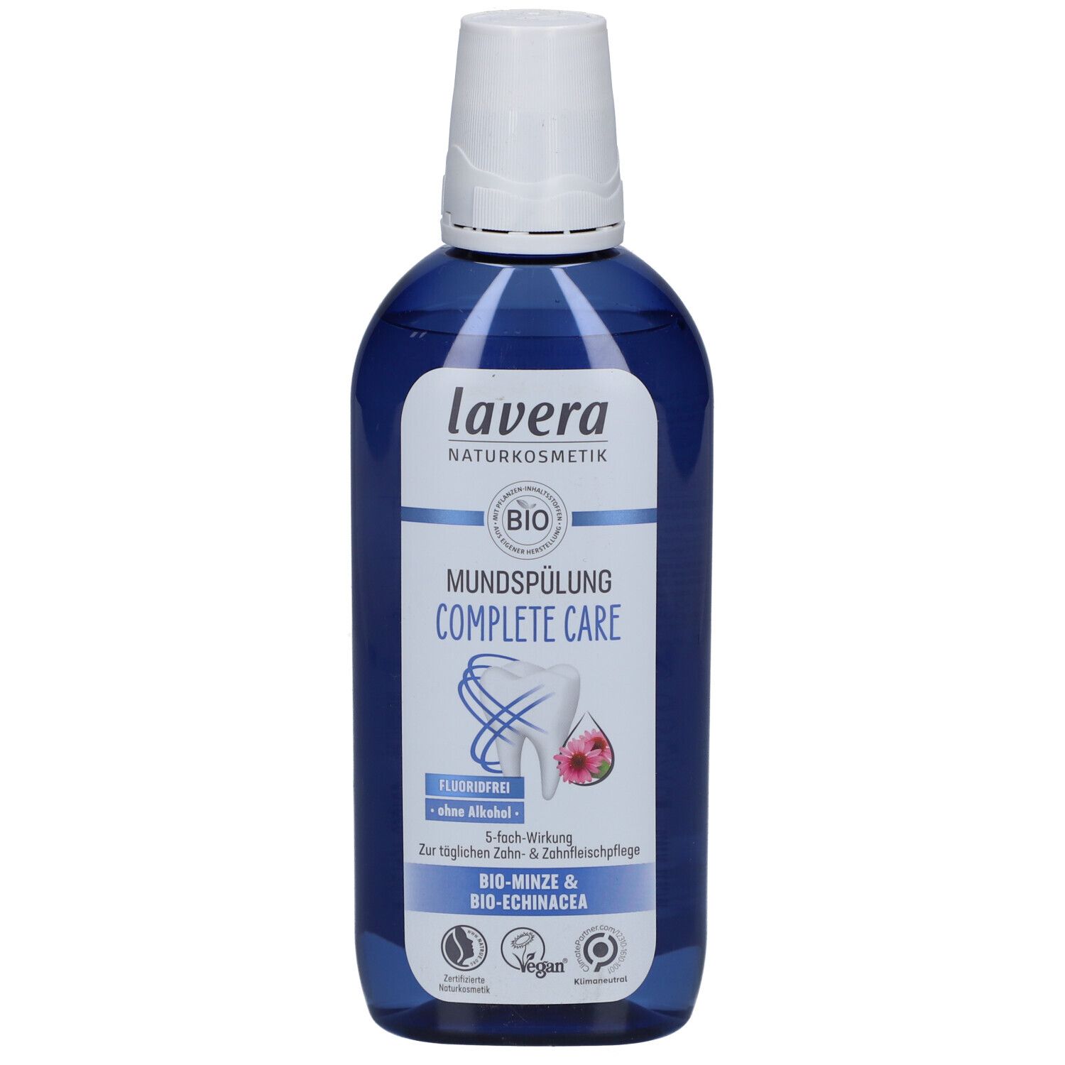 Flacon bleu avec bouchon blanc. Inscription: lavera, Bain de bouche Complete Care, Bio-Menthe & Bio-Échinacée. Label Vegan.