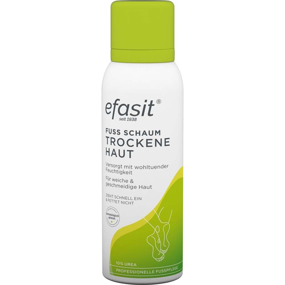 Flacon blanc avec bouchon vert. Inscription : efasit, Fuß Schaum Trockene Haut. Contient 10% d'urée. Testé dermatologiquement.