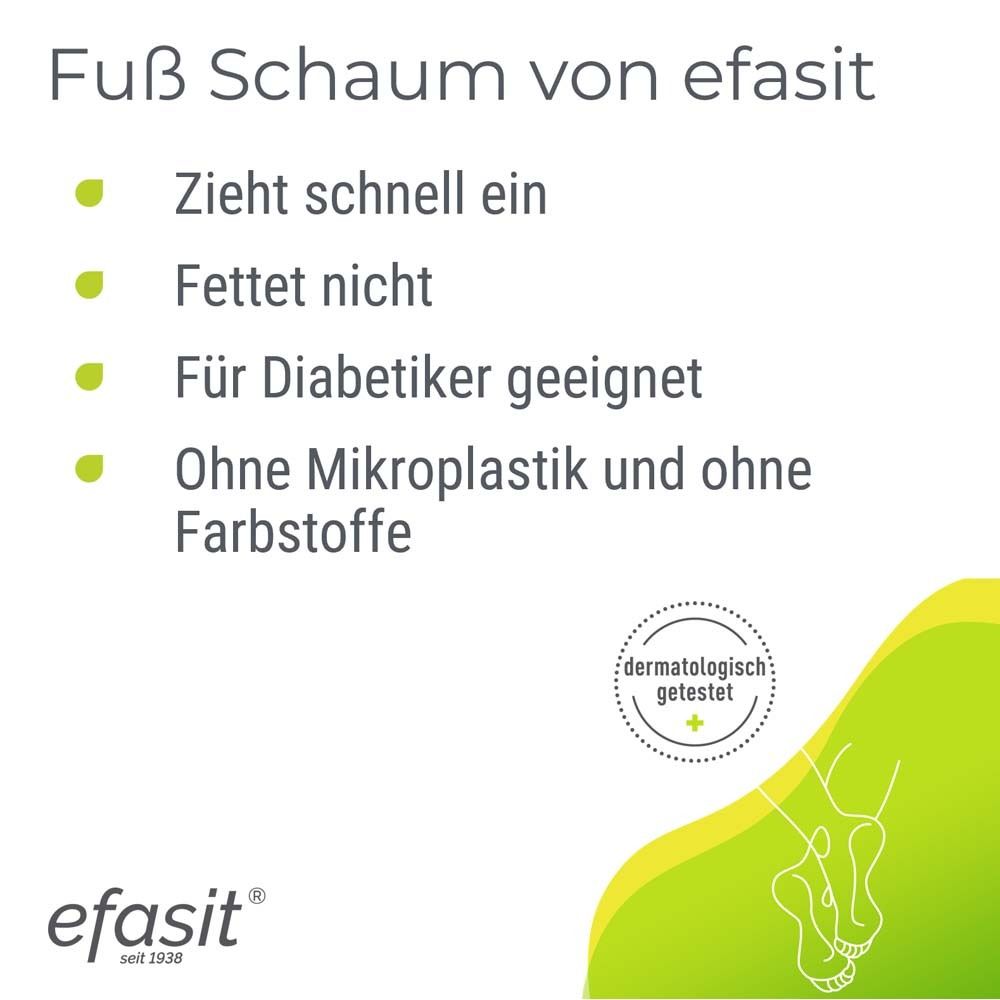 Texte : Fuß Schaum von efasit. Absorption rapide, non gras, adapté aux diabétiques, sans microplastiques ni colorants. Testé dermatologiquement.