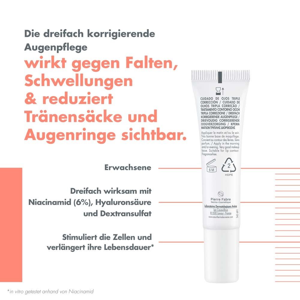 Rückseite der Tube Avène Hyaluron Activ B3. Text: Wirkt gegen Falten, Schwellungen, Augenringe. Mit Niacinamid, Hyaluronsäure.