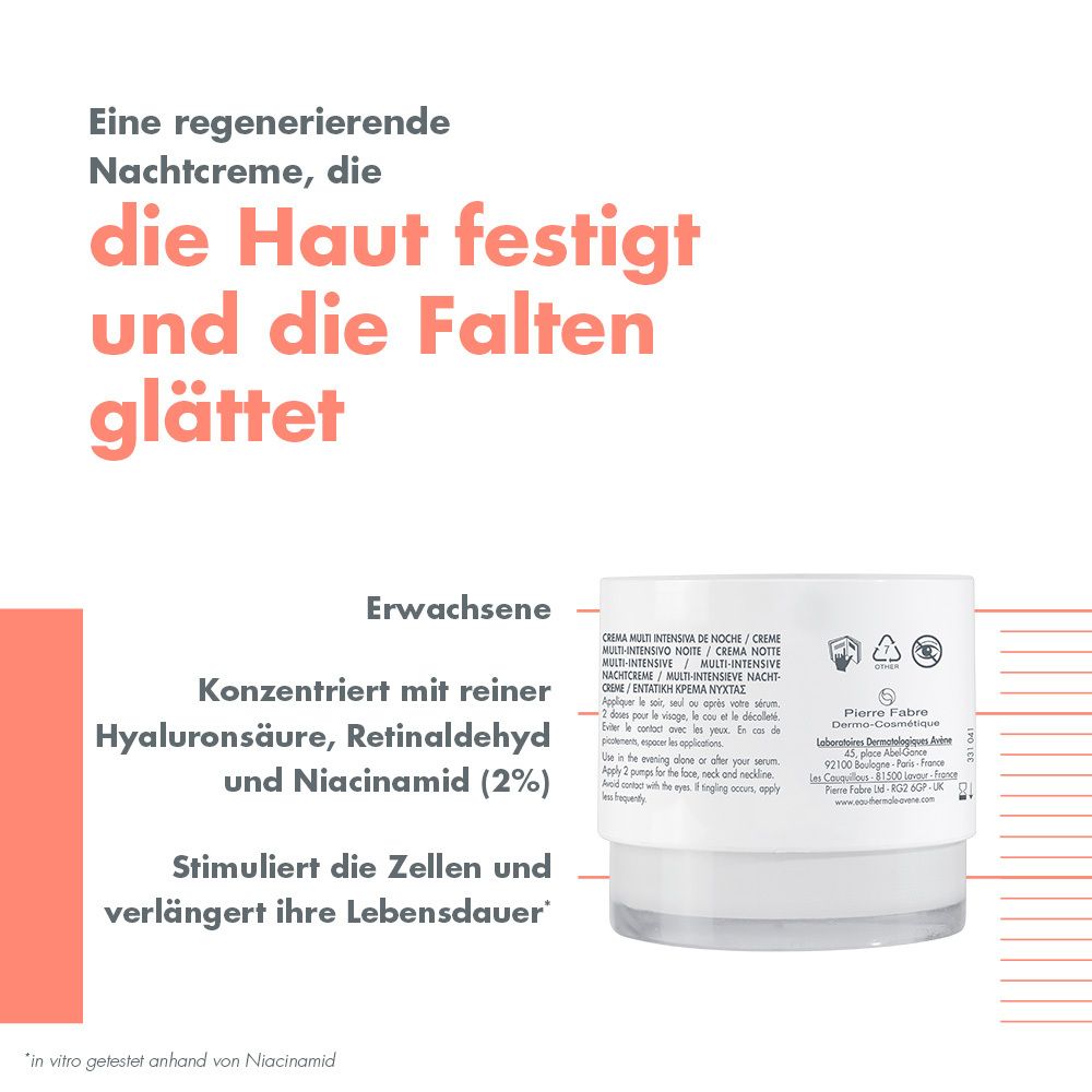 AVÈNE Hyaluron Activ B3 Crème multi-intensive Nuit - Soin anti-âge anti-rides au niacinamide