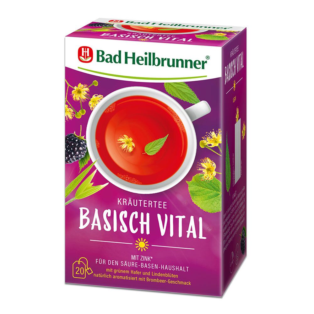 Kräutertee Basisch Vital von Bad Heilbrunner. Lila Verpackung mit Tee-Illustration. Enthält 20 Beutel.