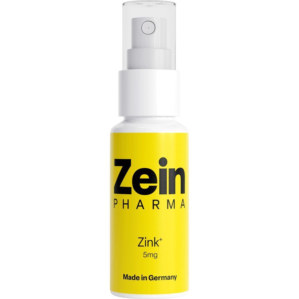 ZeinPharma Zink+ 5mg Sprayflasche. Weiße Flasche mit gelbem Etikett und Sprühkopf.