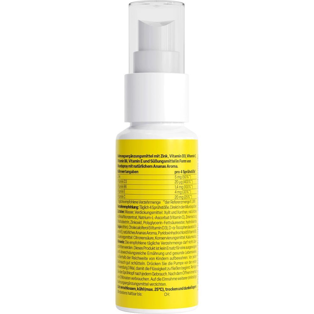 Rückseite der ZeinPharma Zink+ 5mg Sprayflasche mit Nährwertangaben und Inhaltsstoffen.