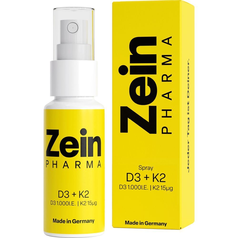Spray ZeinPharma D3 + K2 avec 1.000 UI de Vitamine D3 et 15µg de Vitamine K2, emballage jaune.
