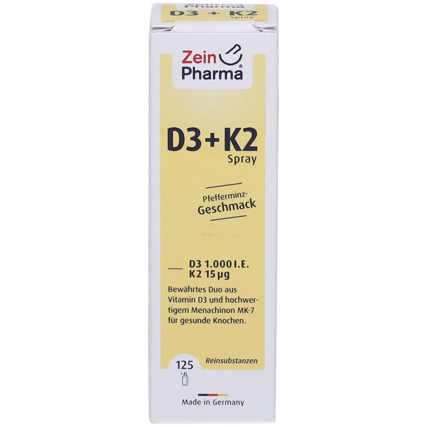 Verpackung von ZeinPharma D3 + K2 Spray. Enthält Vitamin D3 und K2. Pfefferminz-Geschmack.
