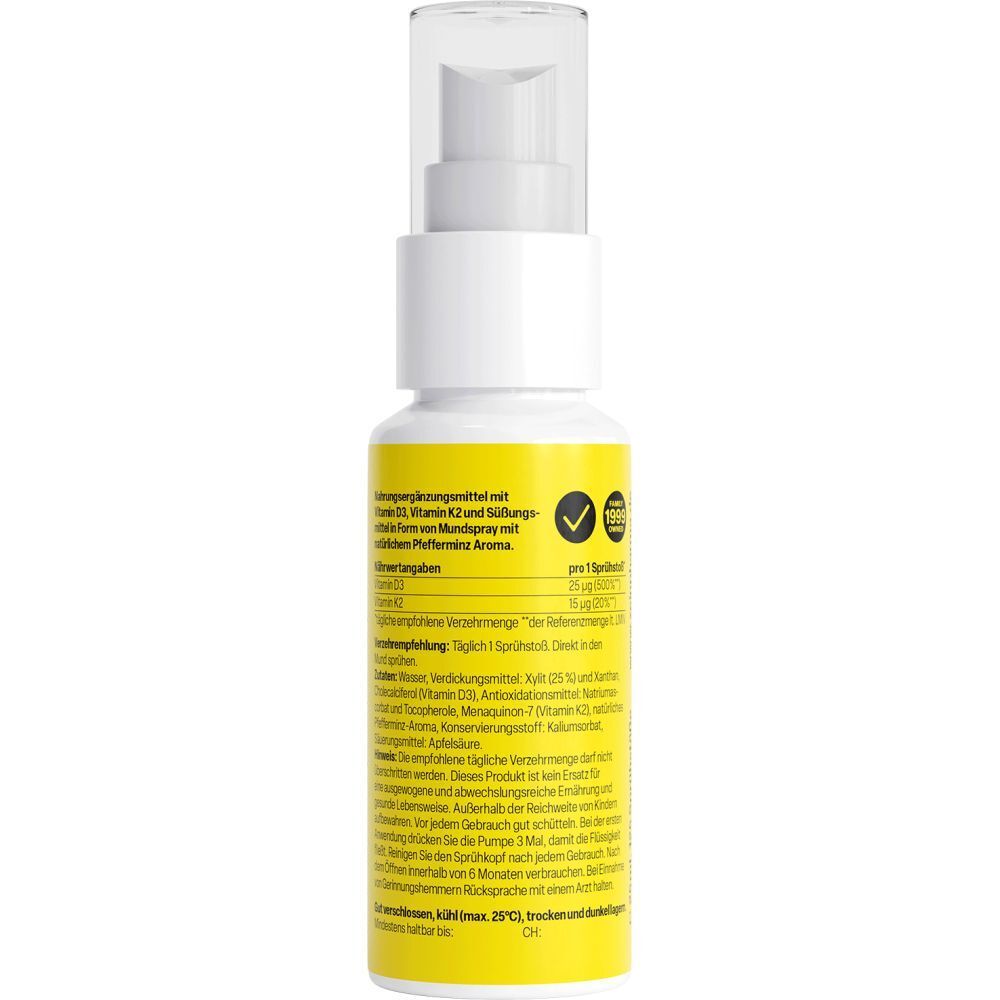 Arrière du flacon spray ZeinPharma D3 + K2 avec ingrédients et instructions d'utilisation.