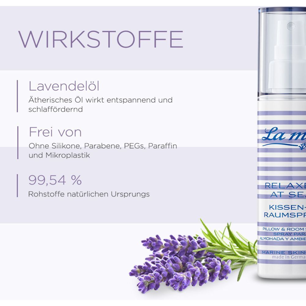 Zusammensetzung des La mer Relaxed at Sea Kissen- & Raumsprays. Lavendelöl, frei von Silikonen, Parabenen, etc. 99,54% natürliche Rohstoffe.
