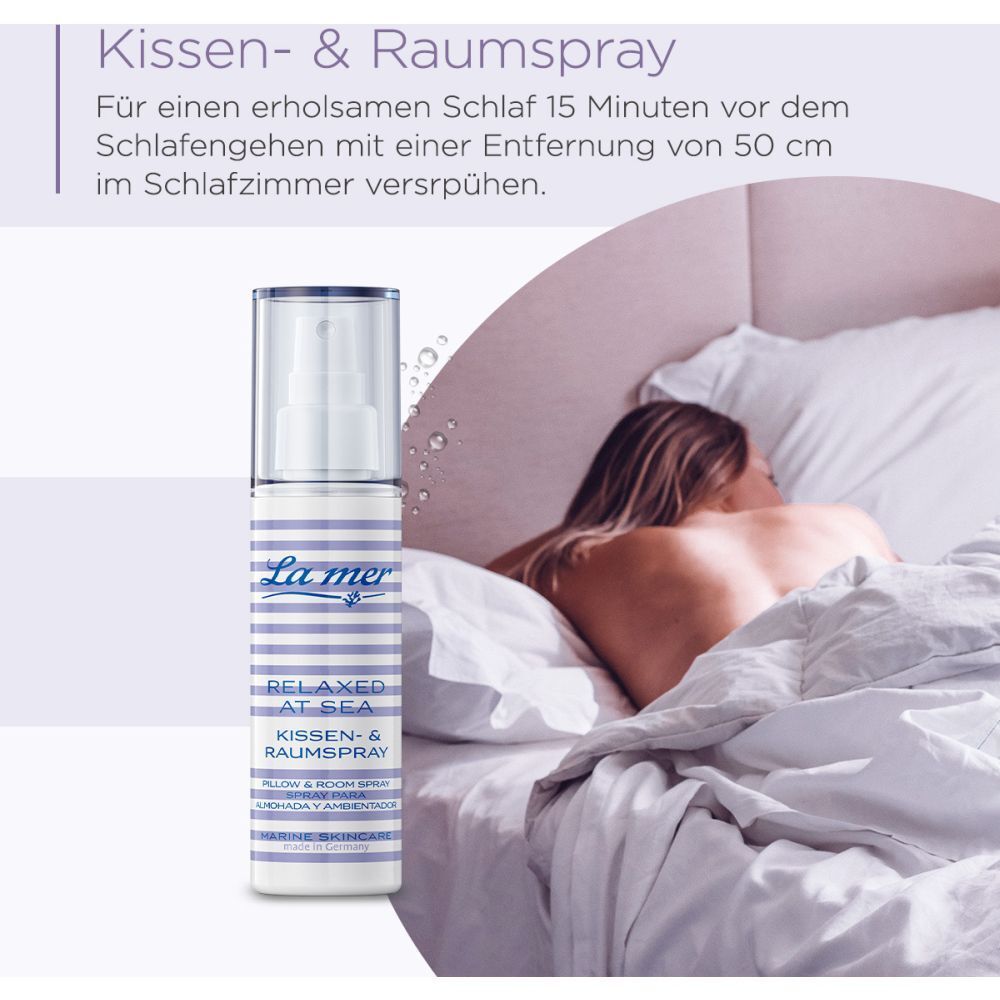 La mer Relaxed at Sea Kissen- & Raumspray. Anwendung: 15 Minuten vor dem Schlafengehen auf das Kopfkissen sprühen.