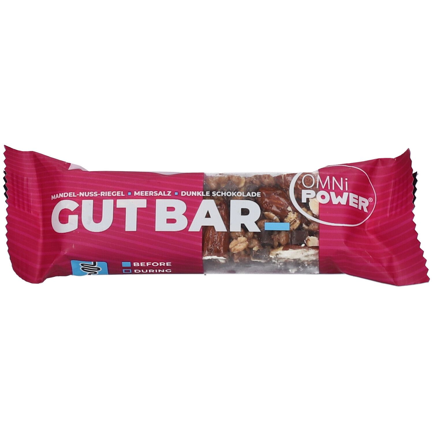 Barre OMNi-POWER® GUT BAR dans un emballage rose. Inscription : GUT BAR, amandes-noix, sel marin, chocolat noir. Logo : OMNi-POWER.