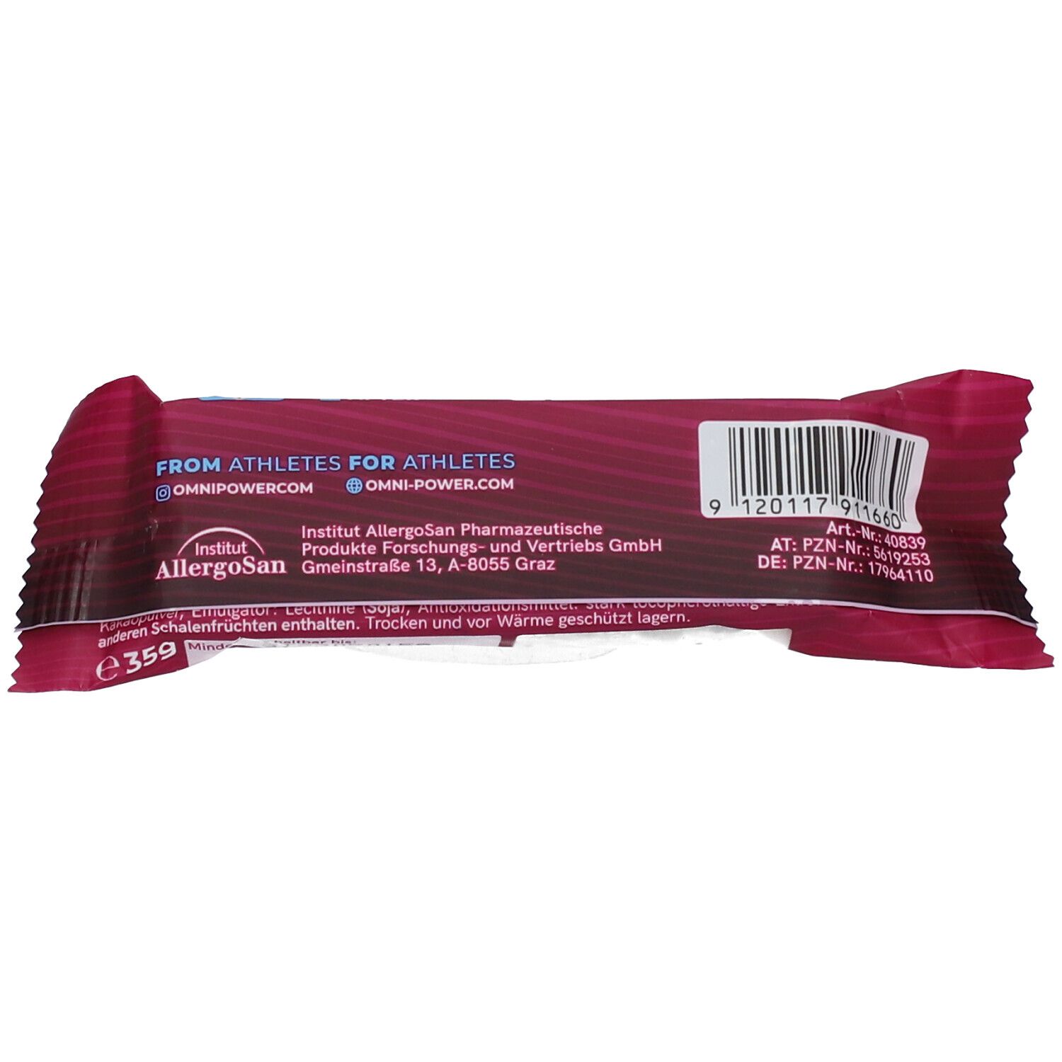 Dos de l'emballage de la barre OMNi-POWER® GUT BAR. Texte : FROM ATHLETES FOR ATHLETES, OMNi-POWER.com. Code-barres et autres informations.