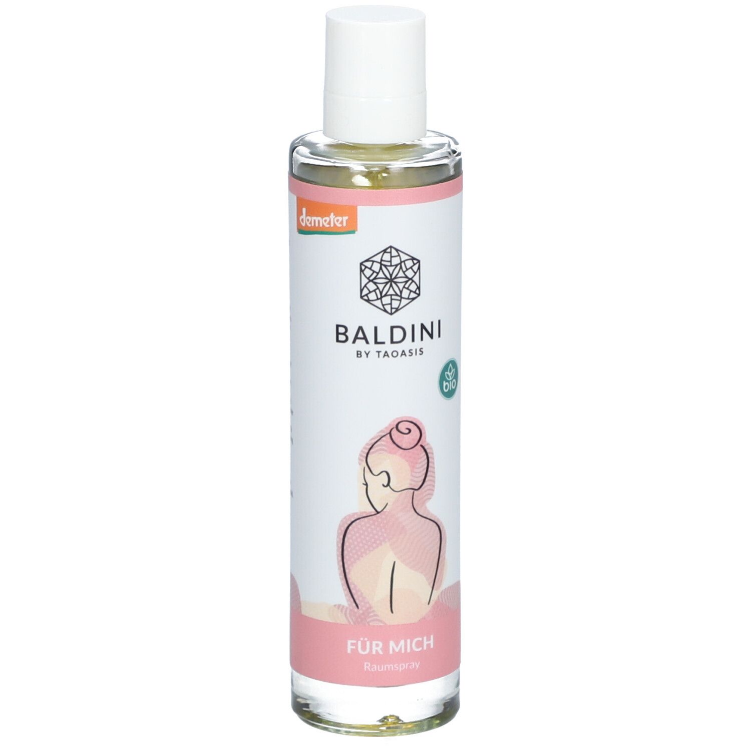 BALDINI Raumspray-Flasche. Weißer Deckel, transparente Flasche mit rosa Etikett. Aufschrift: FÜR MICH, BALDINI by TAOASIS, Demeter-Logo.