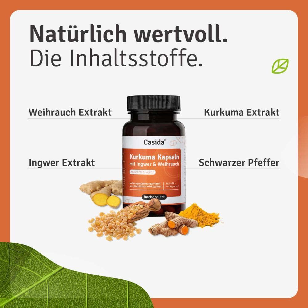 Flacon de produit avec ingrédients: encens, curcuma, gingembre, poivre noir. Texte: Kurkuma Kapseln.