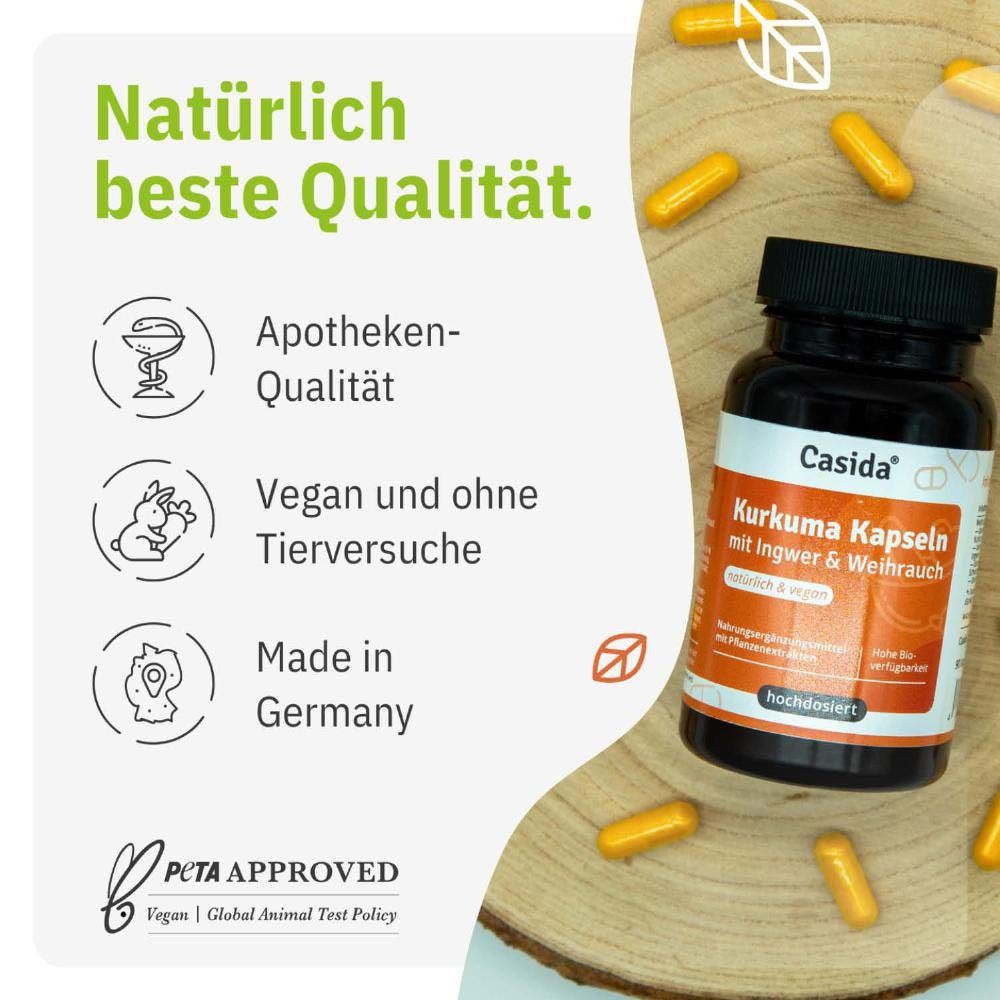 Flacon de produit et gélules sur bois. Texte: Qualité pharmacie, Vegan et sans tests sur les animaux, Fabriqué en Allemagne.