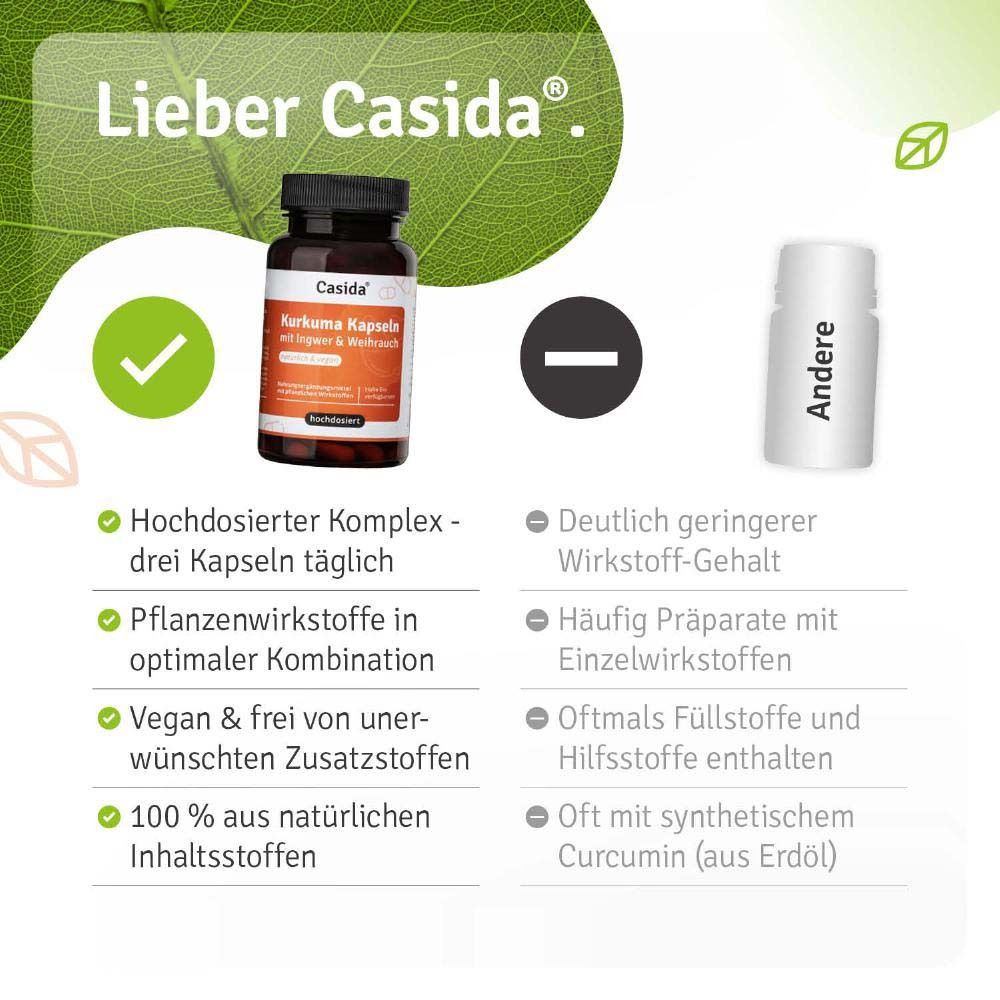 Comparaison: Casida vs. Autres. Avantages: Fort dosage, combinaison optimale, végétalien, sans additifs, 100% naturel.