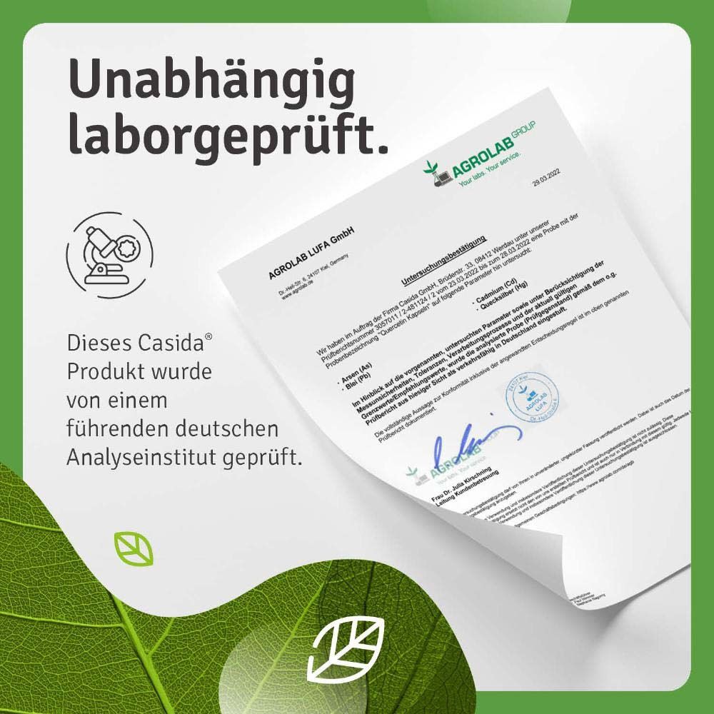 Text: "Unabhängig laborgeprüft." Dokument mit Unterschrift. Casida Produkt von deutschem Analyseinstitut geprüft.