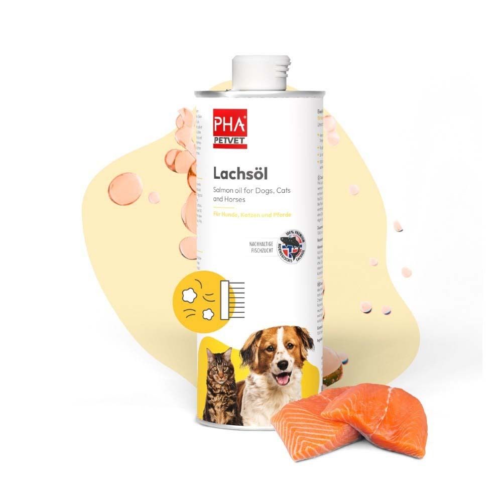 Flasche mit Lachsöl und Lachsstücken. Aufschrift: PHA Petvet Lachsöl. Text: Salmon oil for Dogs, Cats and horses. Abbildung von Katze und Hund.
